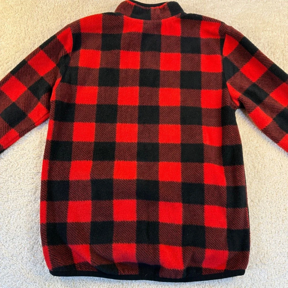 Eddie‎ Bauer Youth Fleece Pullover 1/4 Snap Buffalo Plaid Red Black SZ M (10/12)
